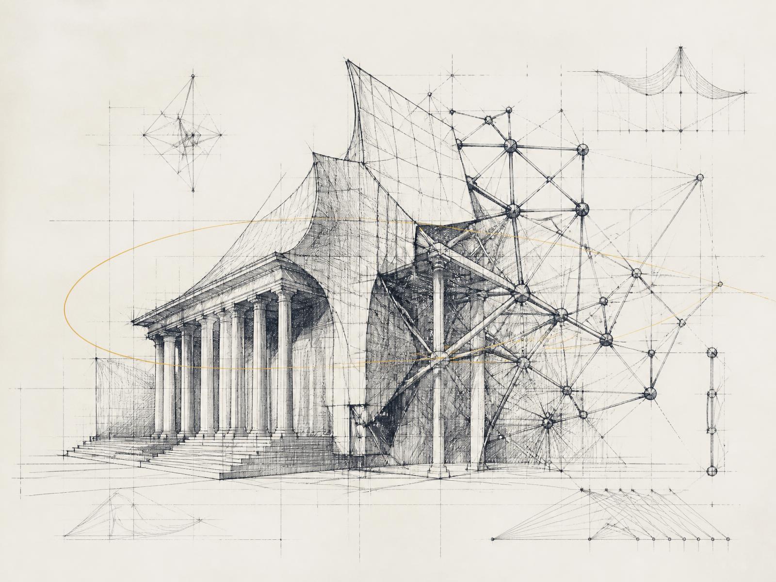 Conceptual architectural sketch of classical columns dissolving into a lattice of structural governance nodes